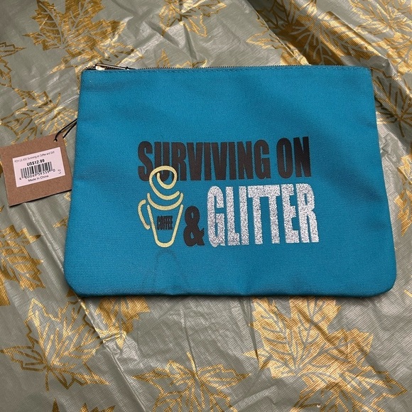 Handbags - Teal Pouch with Glitter Coffee Design NWT